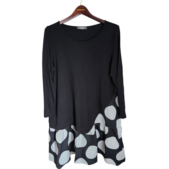 Alembika 2 Edgy Top Tunic Mixed Media Asymmetrical Lagenlook Black White Dot - Picture 1 of 14